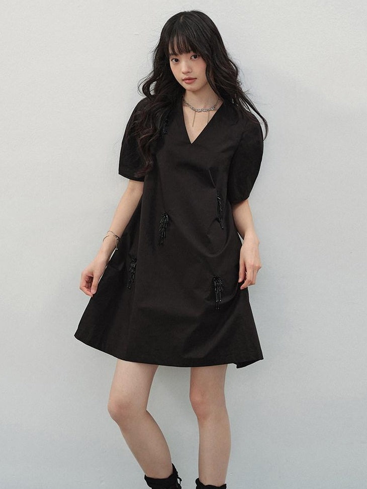 DDGIRL studio Beaded Soft Cotton A Line Puff Sleeve V-neck Back Zipper Black Mini Dresses