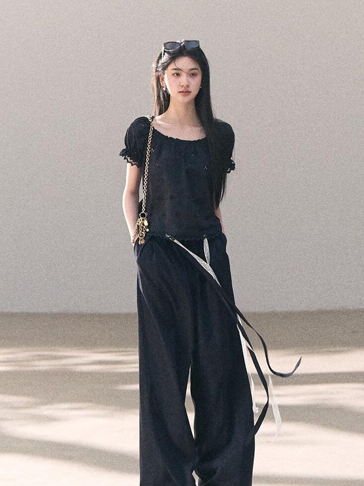 7 OAKMOO Lyocell Linen Breathable Casual Natural Waist Straight Navy White Wide Leg Pants