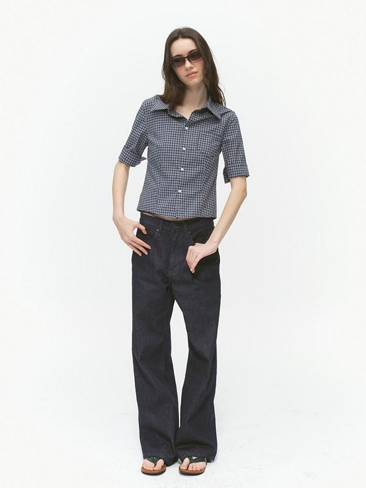 Country Moment Breathable Cotton Cropped Straight Revere Women Navy Plaid Shirts