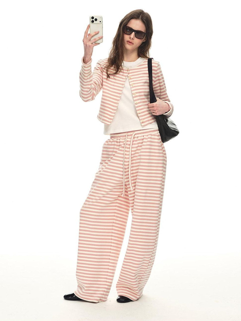 Country Moment Breathable Cotton Slim Fit Piped Pink Striped Casual Top & Pants Sets