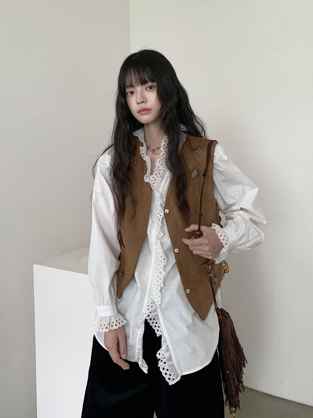DDGIRL studio Cotton Ruffle Lace Loose V-neck Cardigan Office Casual Women Breathable Shirts