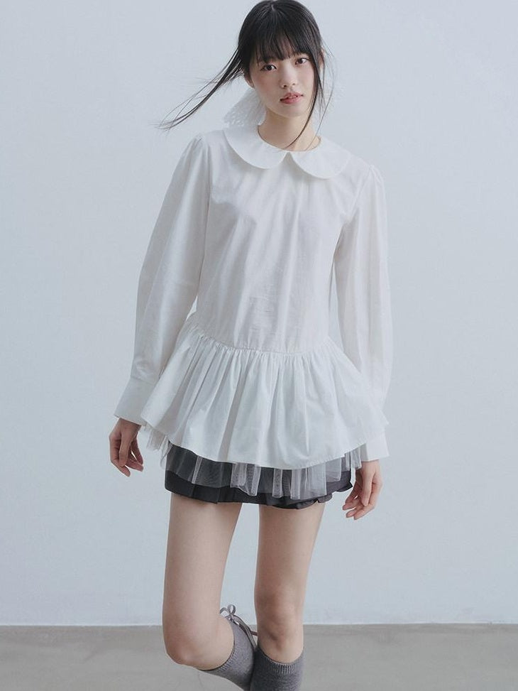 DDGIRL studio Soft Cotton Babydoll High Waist Long Sleeve Women Doll Collar Shirts