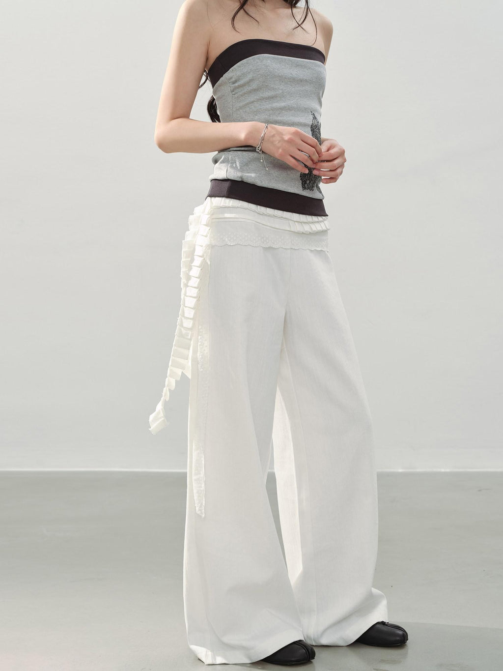 DDGIRL studio High Waist Shape Retaining Casual Lace Trim Solid White Women Wide Leg Pants