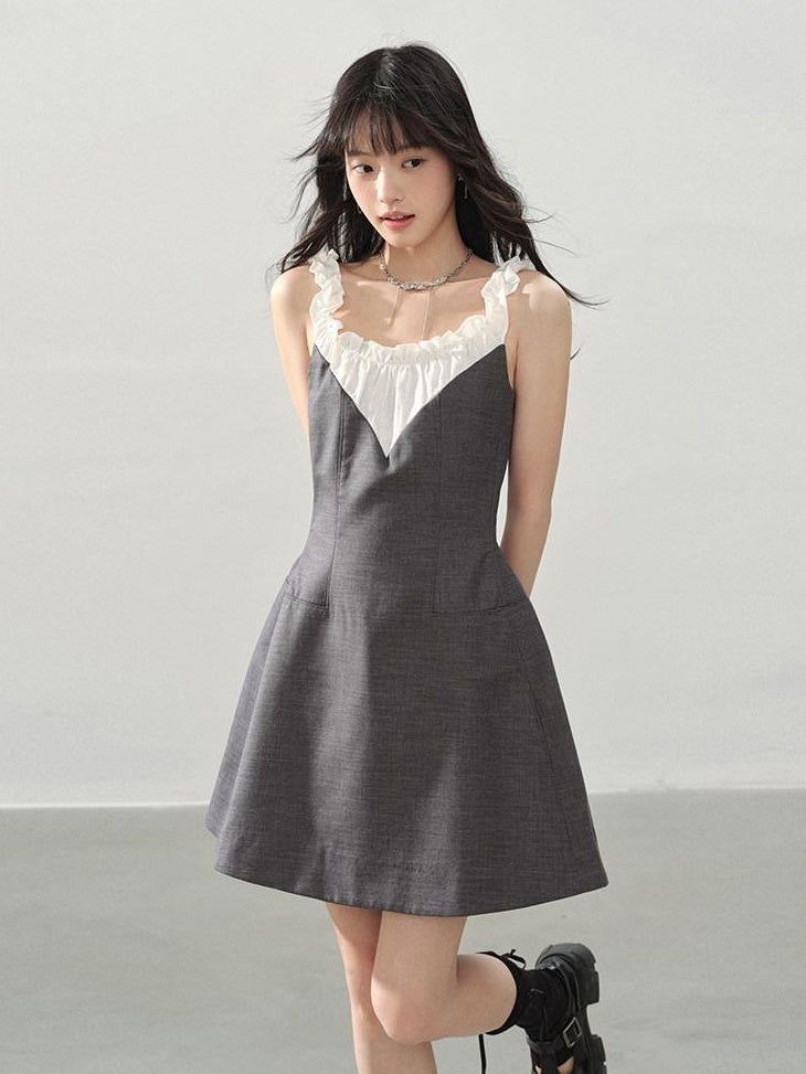 DDGIRL studio Shape Retaining Ruffle Neck High Waist Strappy A Line Office Gray Mini Dresses
