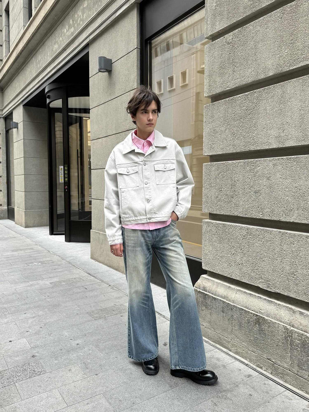Country Moment Loose Fit Cropped Lapel Unisex 100 Percent Cotton Solid Grey Denim Jackets