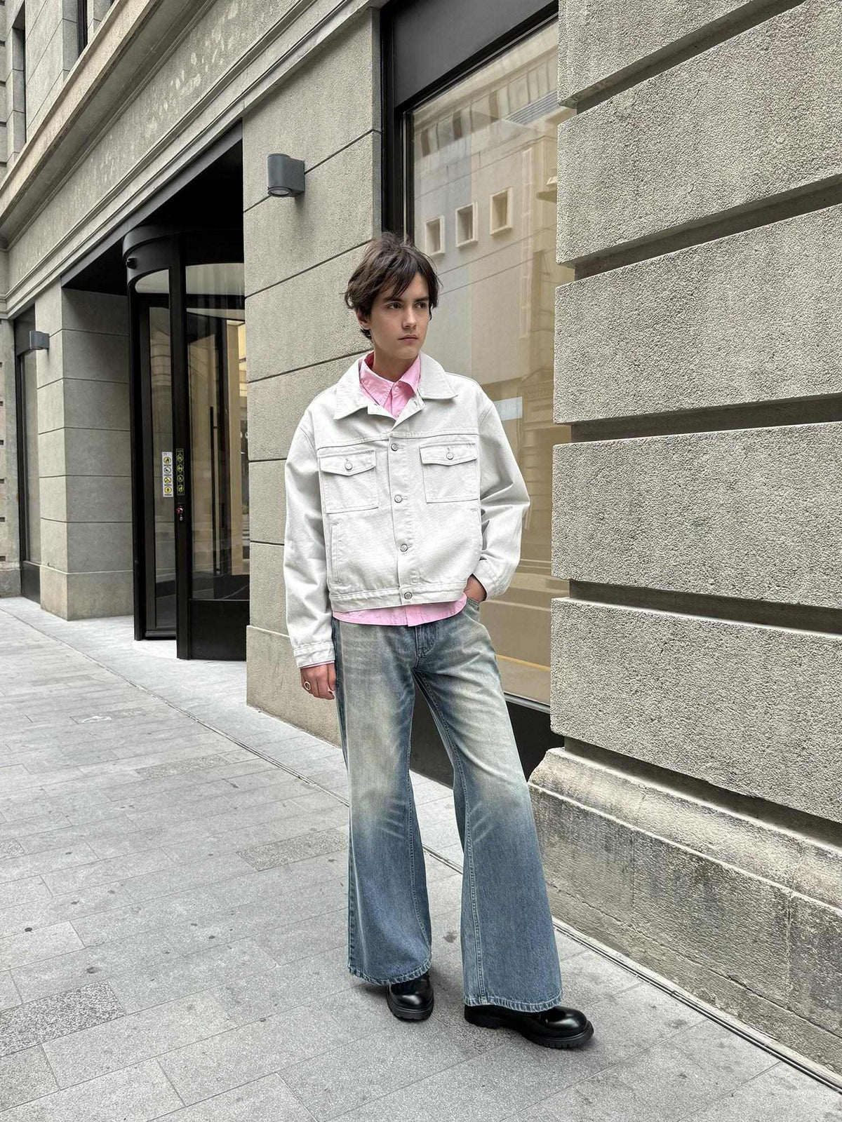 Country Moment Loose Fit Cropped Lapel Unisex 100 Percent Cotton Solid Grey Denim Jackets