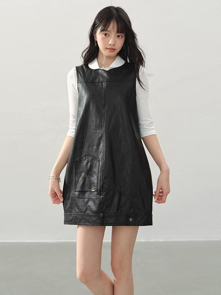 DDGIRL studio Soft Vintage Pu A Line Sleeveless Round Neck Loose Fit Black City Mini Dresses