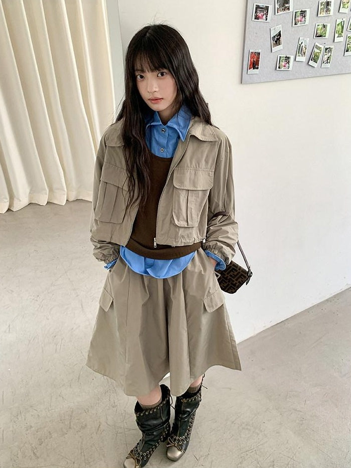 DDGIRL studio Zip Front Long Sleeve Lapel Collar Commuter Women Polyester Top & Shorts Sets