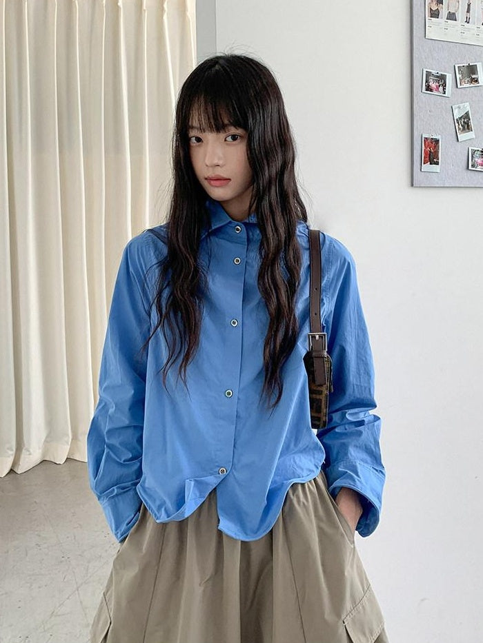 DDGIRL studio Moisture Wicking Pure Cotton Relaxed Polo Collar Button Women Blue Blouses