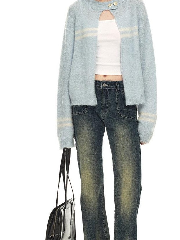 Country Moment Vintage Distressed Low Rise Retro Flare Women Daily Denim Blue Flared Jeans