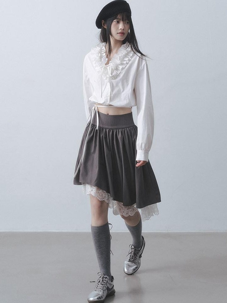 DDGIRL studio Soft Cotton Blend Tie Ruffle Slim Waist Commuter V-neck White Blouses