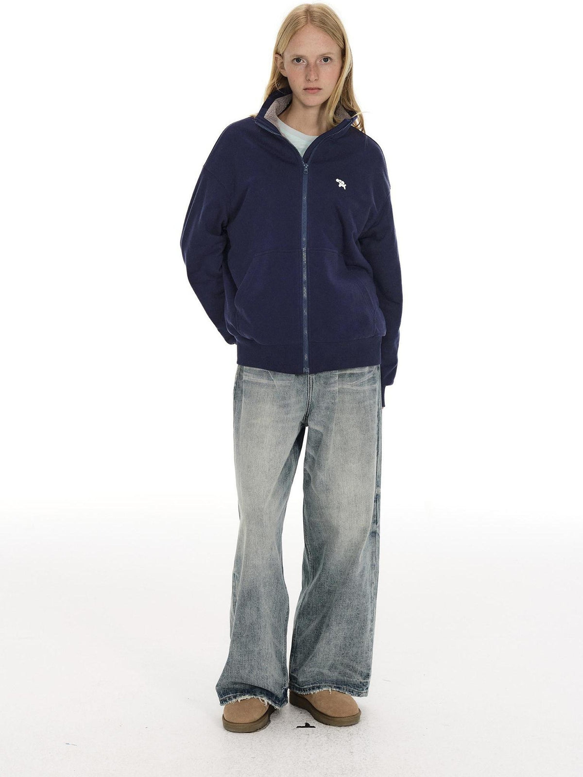 Country Moment Cozy Fleece Thick Loose Embroidered Stand Collar Unisex Cotton Zip Sweatshirt