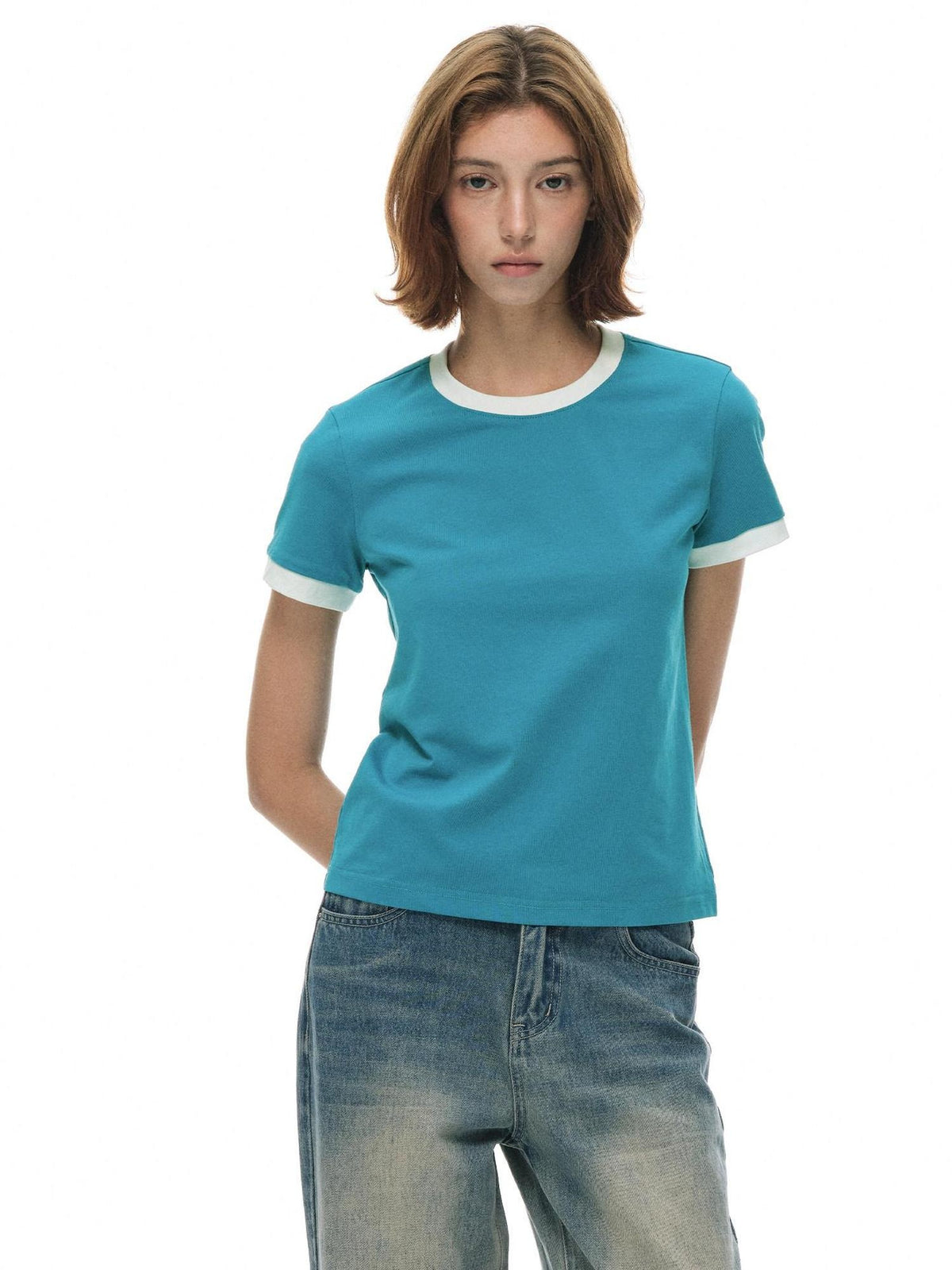 Country Moment Soft Breathable Colorblock Women Crew Neck Blue Short Sleeve T-Shirts