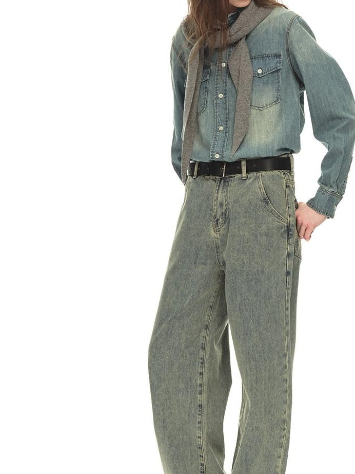 Country Moment Distressed Mid Rise Relaxed Unisex Breathable Cotton Grey Blue Wide Leg Jeans