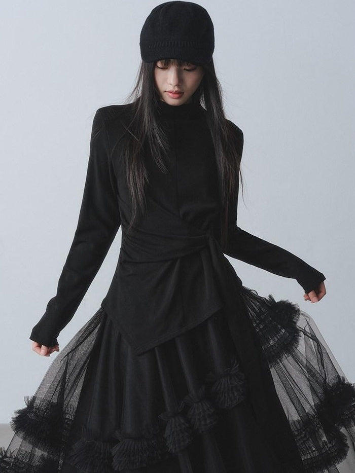 DDGIRL studio Soft Breathable Slim Spliced Tie Women Black Round Neck Long Sleeve T-Shirts