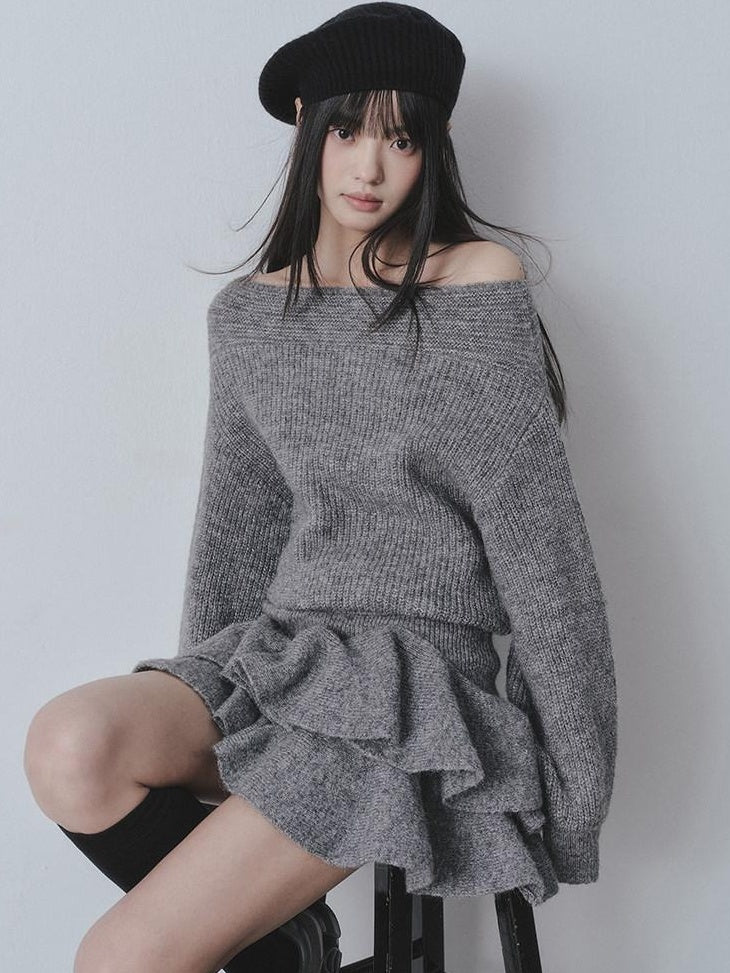 DDGIRL studio Cozy Knit Warm Girly Ruffle Bardot Neckline High Waist Grey Top & Skirt Sets