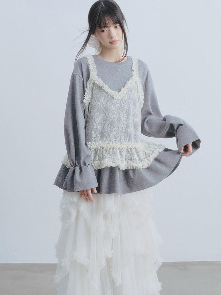 DDGIRL studio Lace Splice Pullover Loose Crewneck Womens Two Piece Long Sleeve T-Shirts