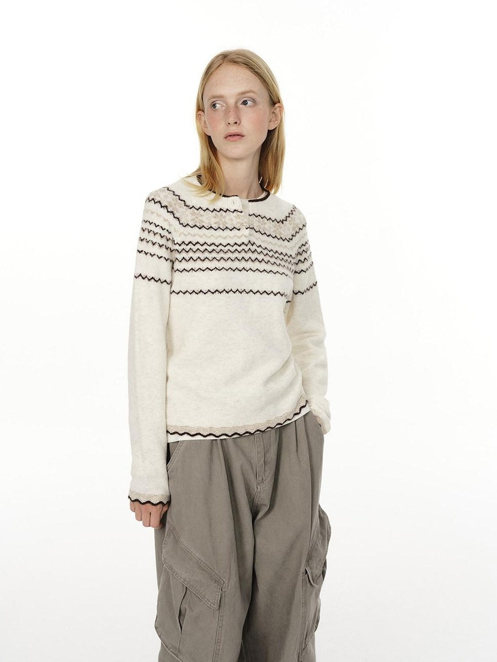 Country Moment Jacquard Henley Button Pullover Slim Fit Youth Wool Blend Striped Sweaters