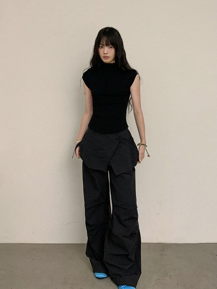 DDGIRL studio High Waist Cotton Cargo Pockets Loose Commuter Women Black Straight Pants