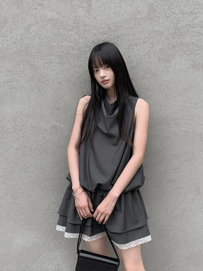 DDGIRL studio Lace Panel High Waist A Line Sleeveless Commuter Young Women Mini Dresses