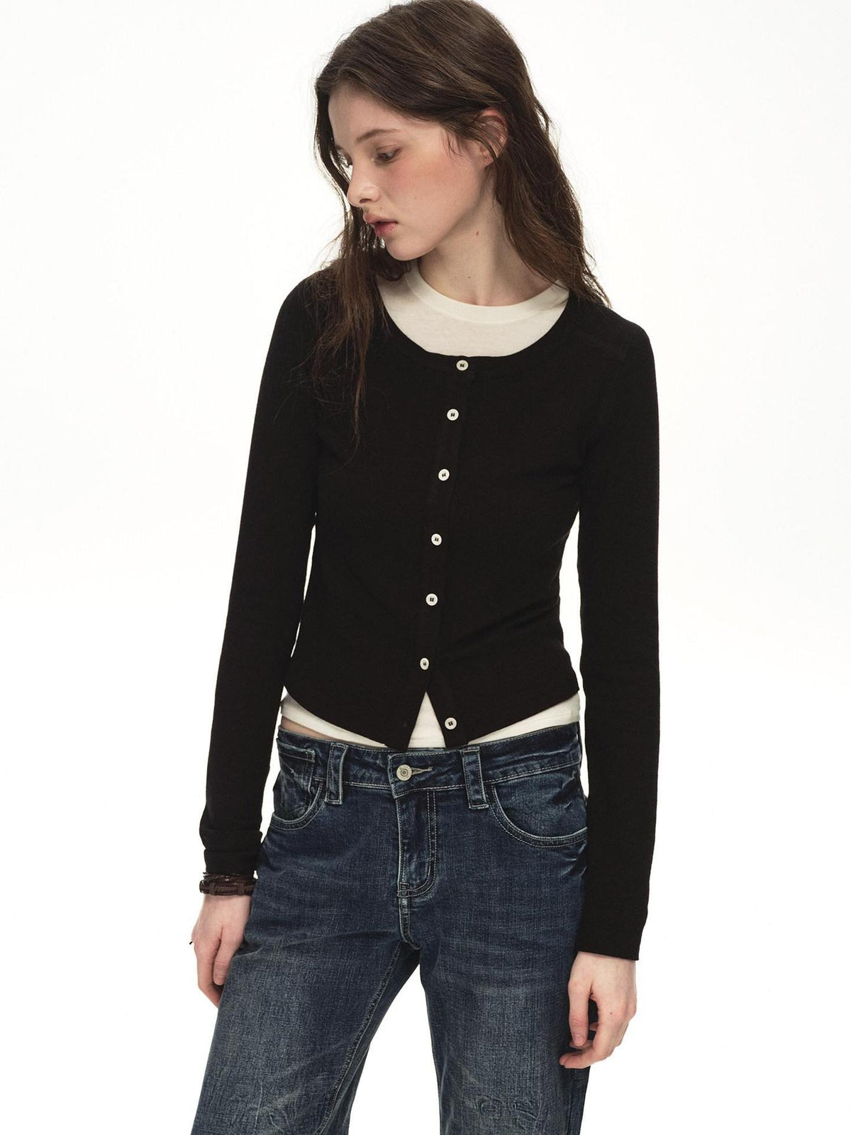 Country Moment Soft Cotton Blend Slim Cropped Round Neck Women Black Button Cardigans