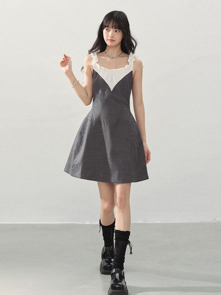 DDGIRL studio Shape Retaining Ruffle Neck High Waist Strappy A Line Office Gray Mini Dresses