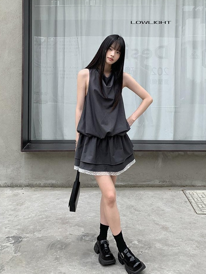 DDGIRL studio Lace Panel High Waist A Line Sleeveless Commuter Young Women Mini Dresses