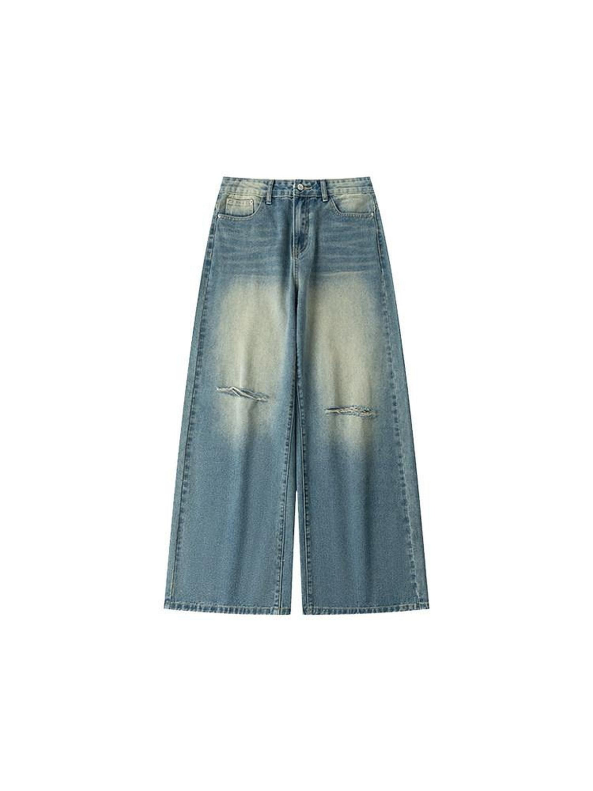 Country Moment Vintage Blue Stone Wash Ripped Mid Rise Loose Cotton Straight Leg Jeans