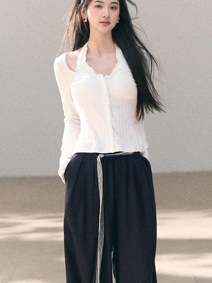 7 OAKMOO Lyocell Linen Breathable Casual Natural Waist Straight Navy White Wide Leg Pants