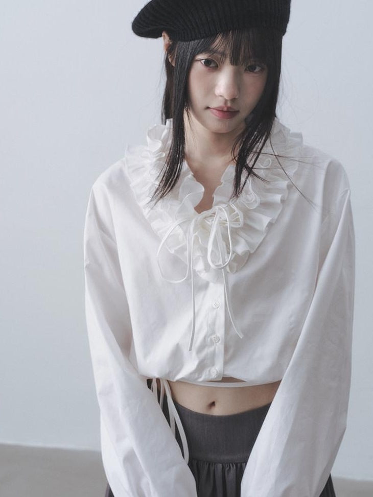 DDGIRL studio Soft Cotton Blend Tie Ruffle Slim Waist Commuter V-neck White Blouses
