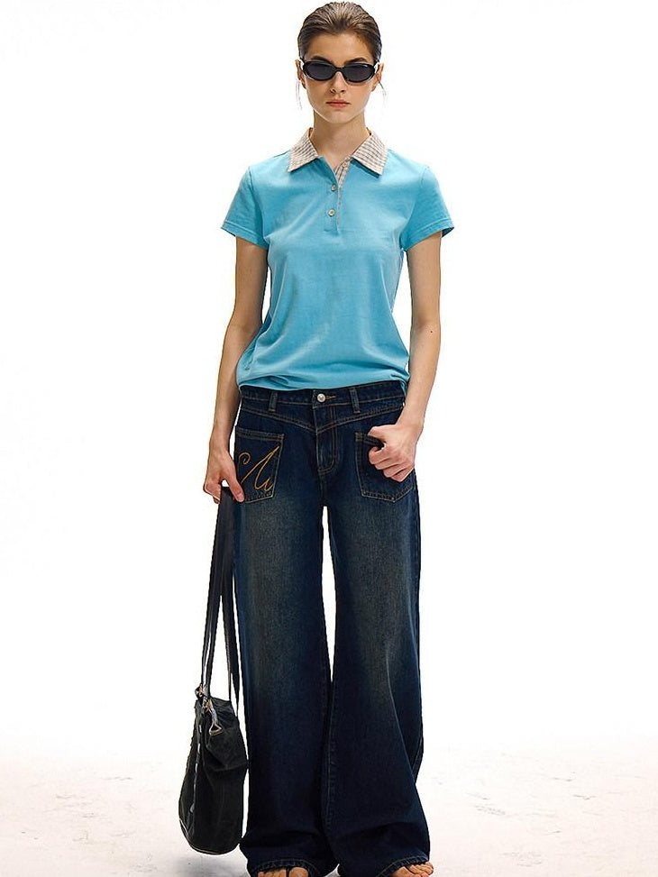 Country Moment High Waist Washed Denim Casual Loose Fit Zipper Fly Wide Leg Jeans
