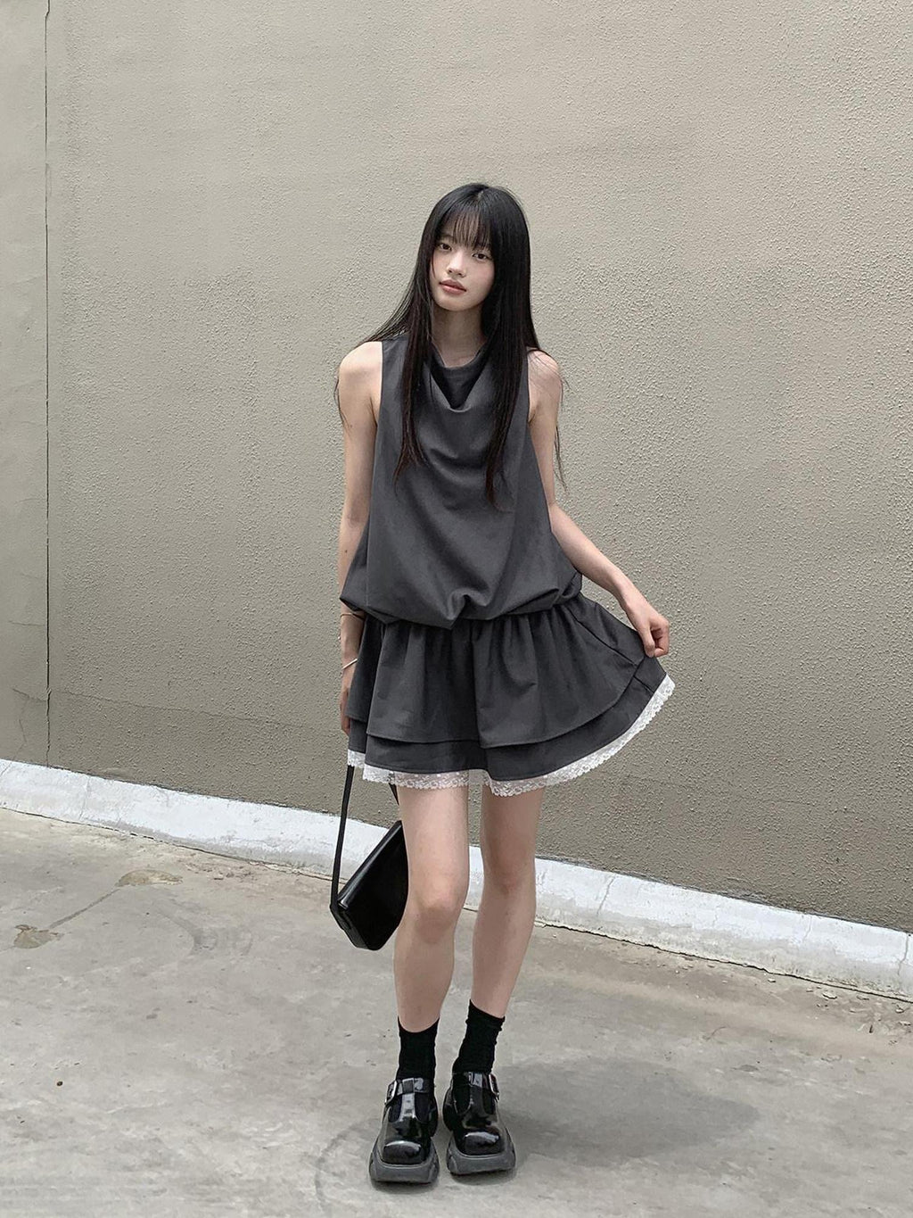 DDGIRL studio Lace Panel High Waist A Line Sleeveless Commuter Young Women Mini Dresses