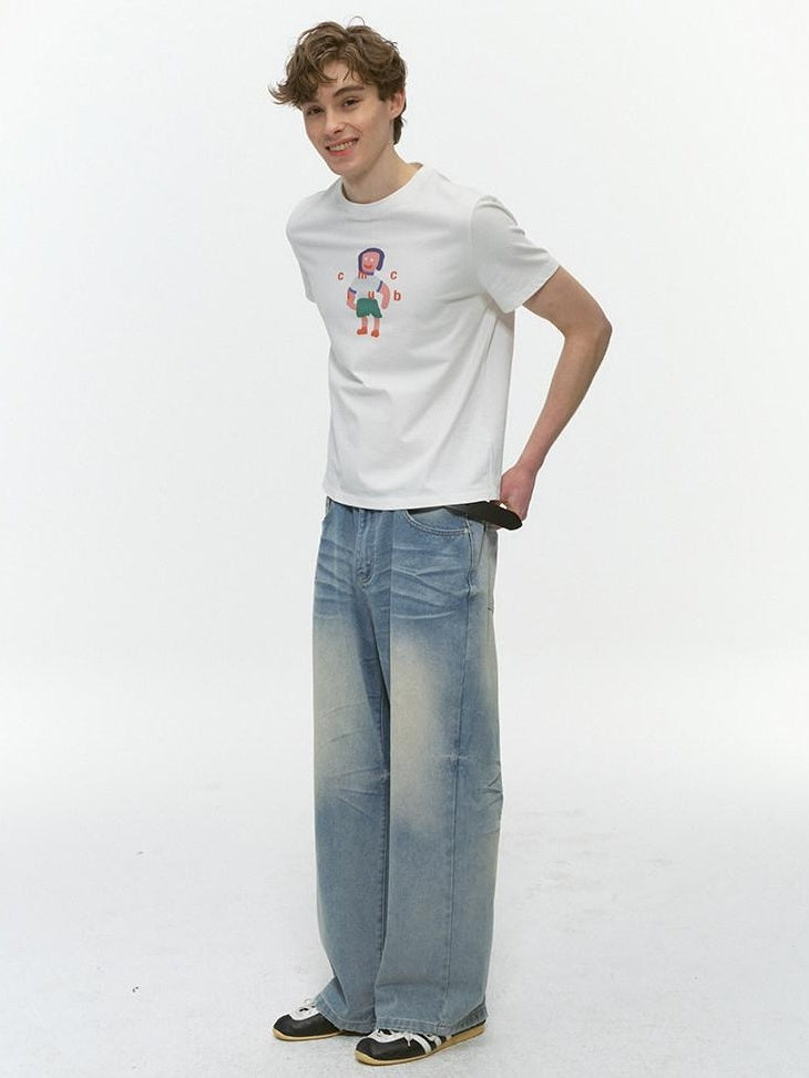 Country Moment Durable Vintage Icy Blue Gradient Mid Rise Whisker Loose Denim Wide Leg Jeans