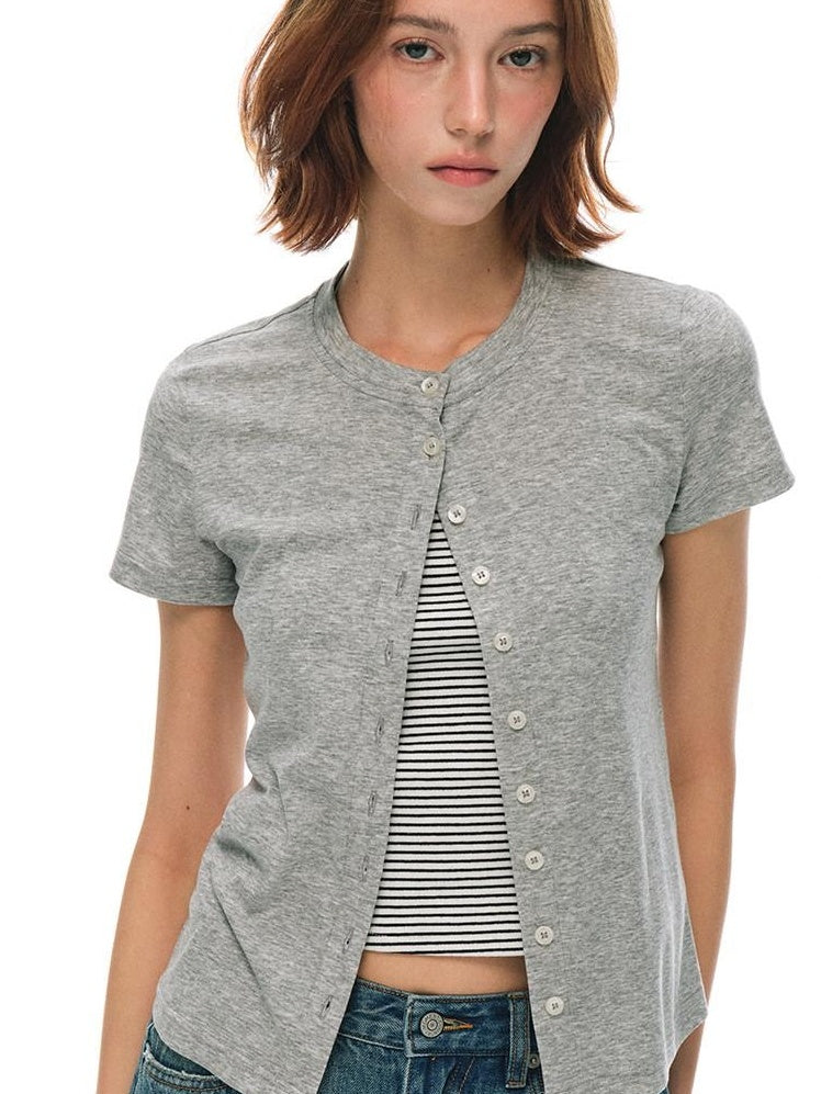 Country Moment Cooling Lyocell Knit Round Neck Women Gray Pullover Short Sleeve T-Shirts