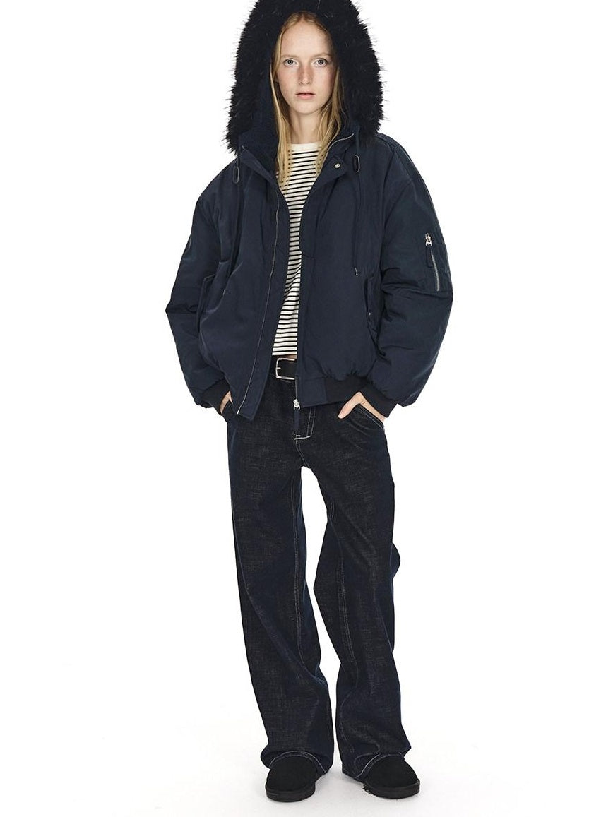 Country Moment Warm Hooded Retro Short Zip Ribbed Hem Unisex Navy Puffer Jackets