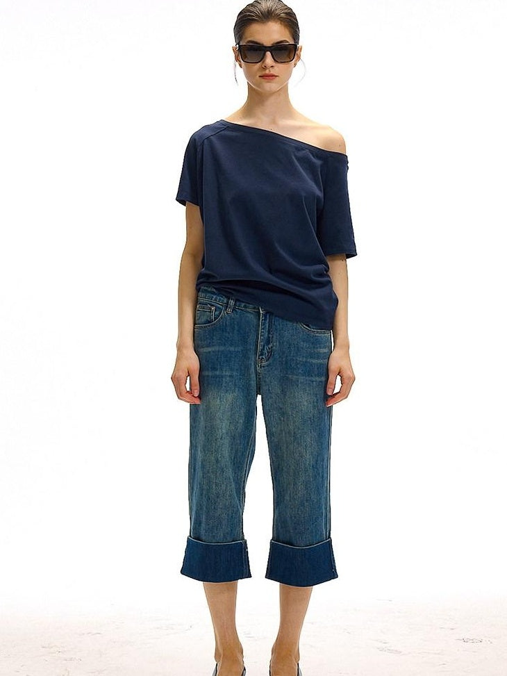 Country Moment High Waist Washed Stretch Straight Leg Denim Blue Mid-Length Shorts