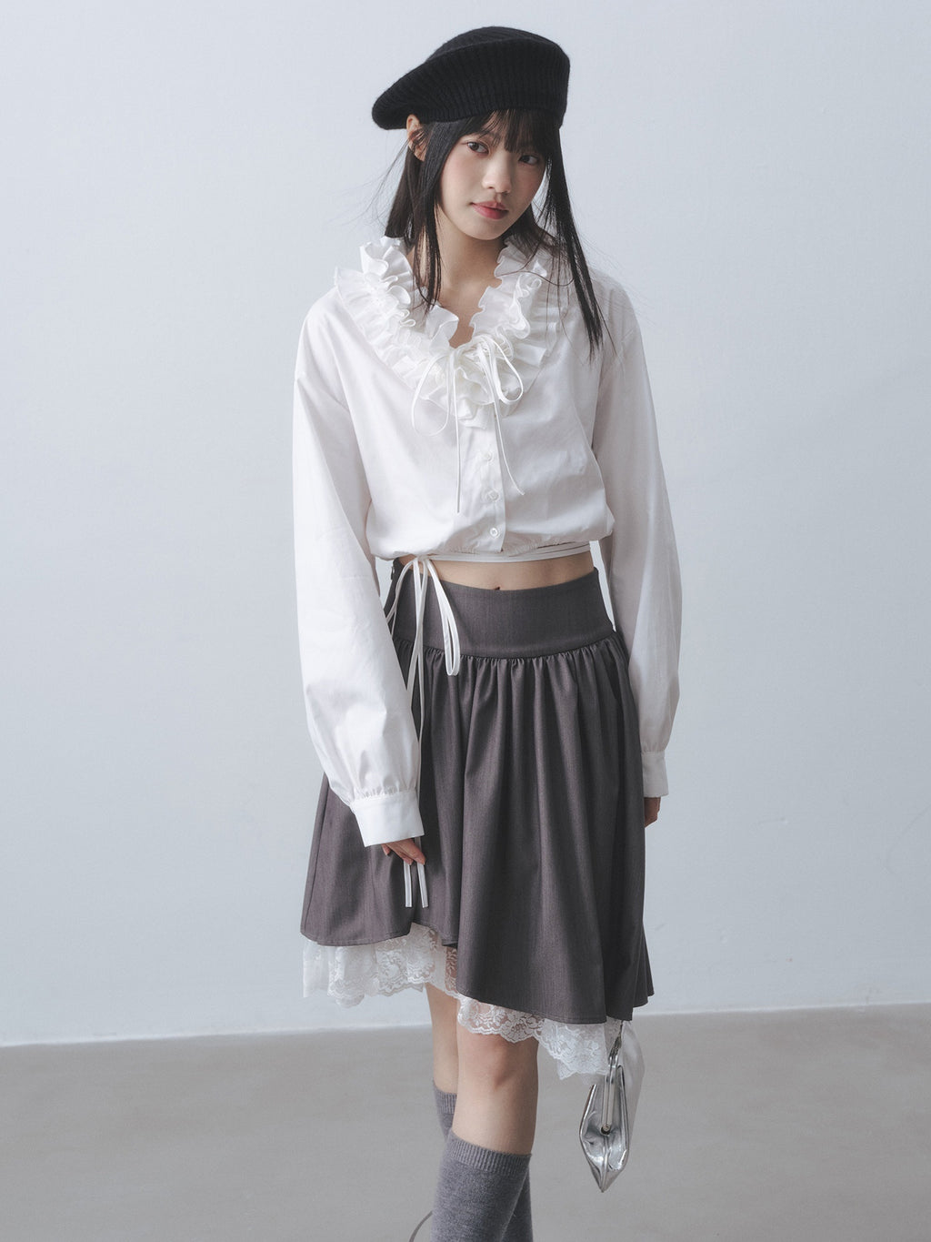 DDGIRL_studio_Soft_Cotton_Blend_Tie_Ruffle_Slim_Waist_Commuter_V-neck_White_Blouses_MISSTT