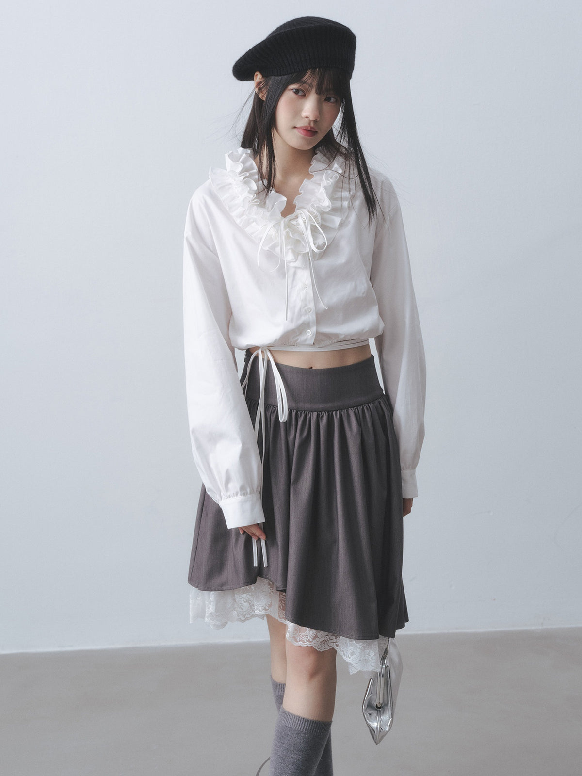 DDGIRL_studio_Soft_Cotton_Blend_Tie_Ruffle_Slim_Waist_Commuter_V-neck_White_Blouses_MISSTT
