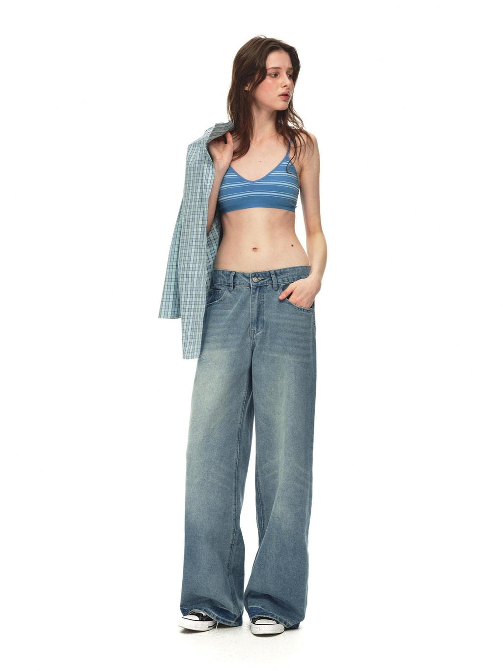 Country Moment Soft Breathable Mid Rise Stone Wash Loose Casual Unisex Denim Blue Wide Leg Jeans