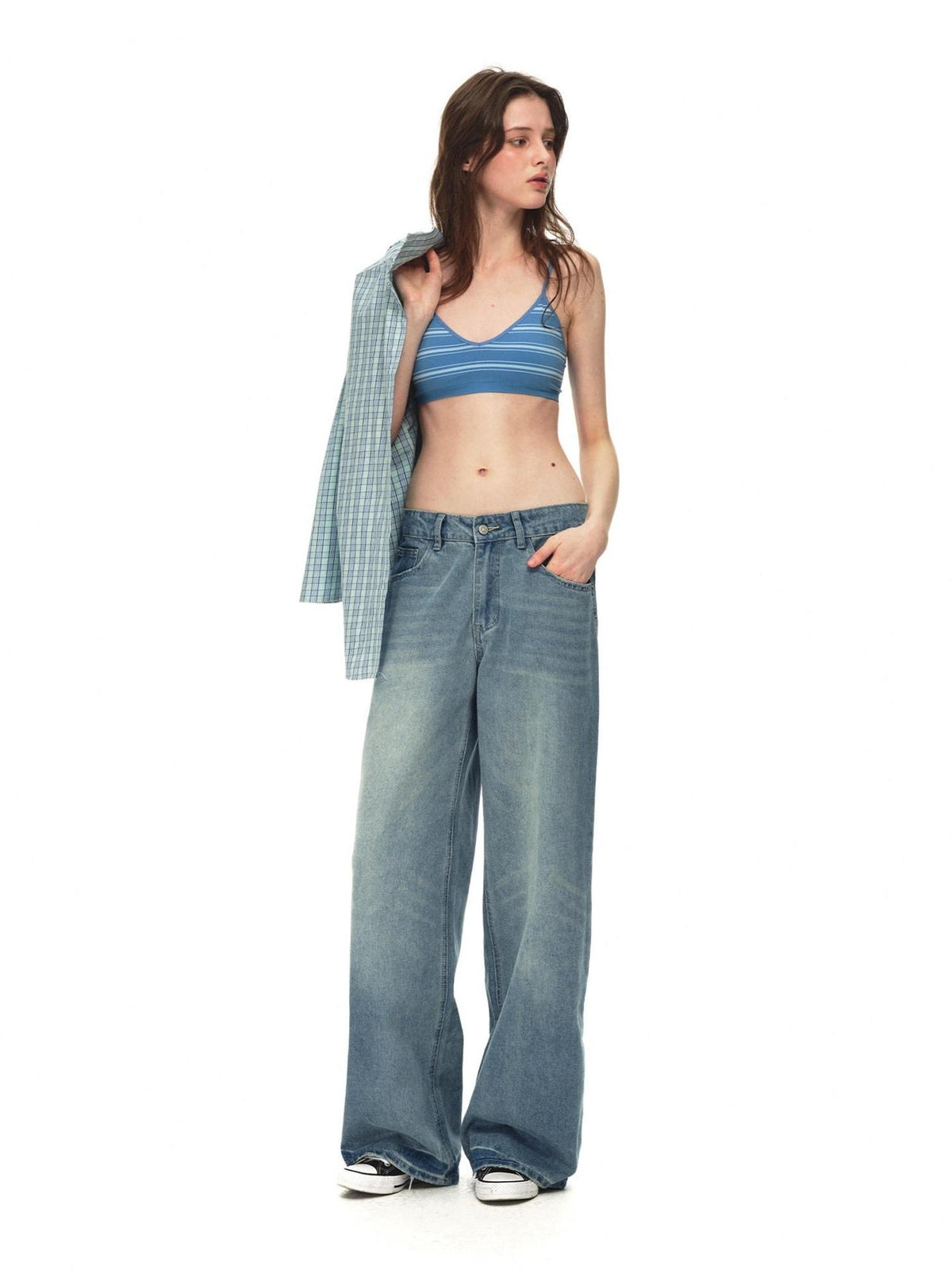 Country Moment Soft Breathable Mid Rise Stone Wash Loose Casual Unisex Denim Blue Wide Leg Jeans