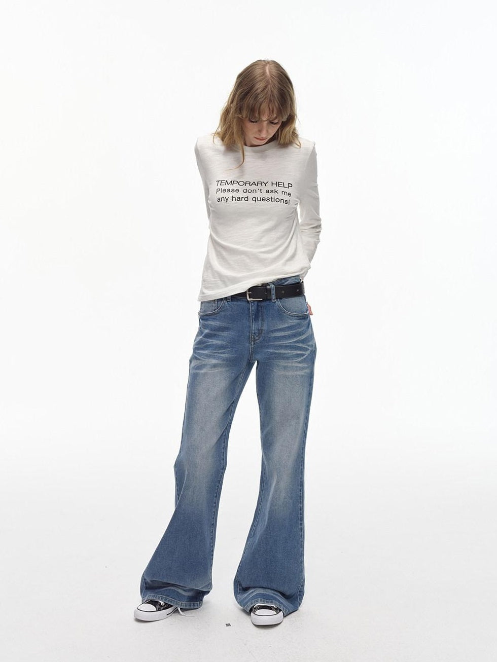 Country Moment Comfortable Low Rise Slim Fit Gradient Zipper Fly Washed Blue Flared Jeans