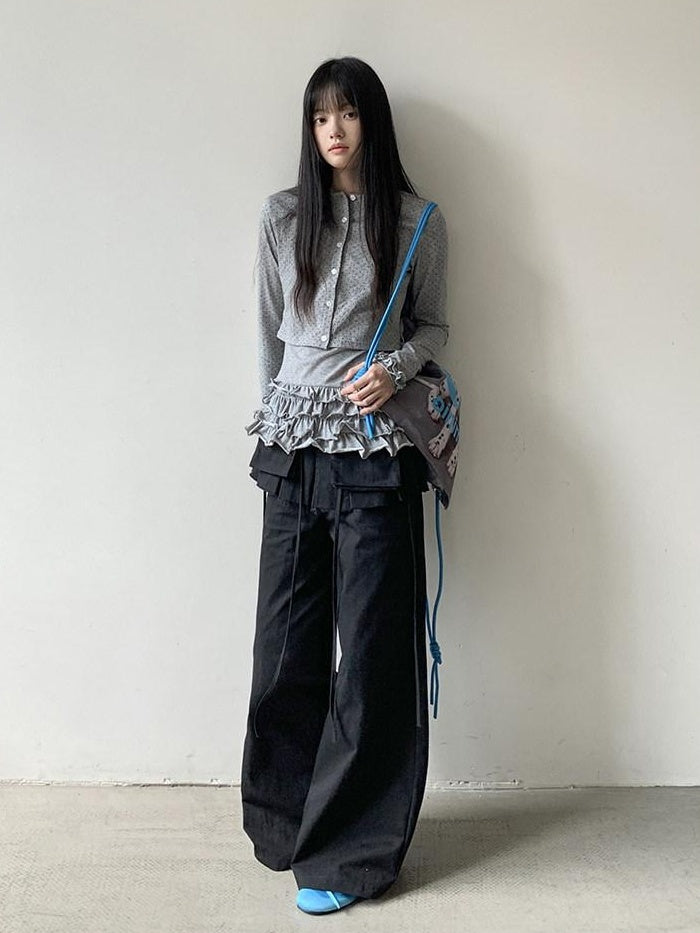 DDGIRL studio High Waist Zip Fly Pockets Relaxed Straight Leg Black Cotton Nylon Cargo Pants