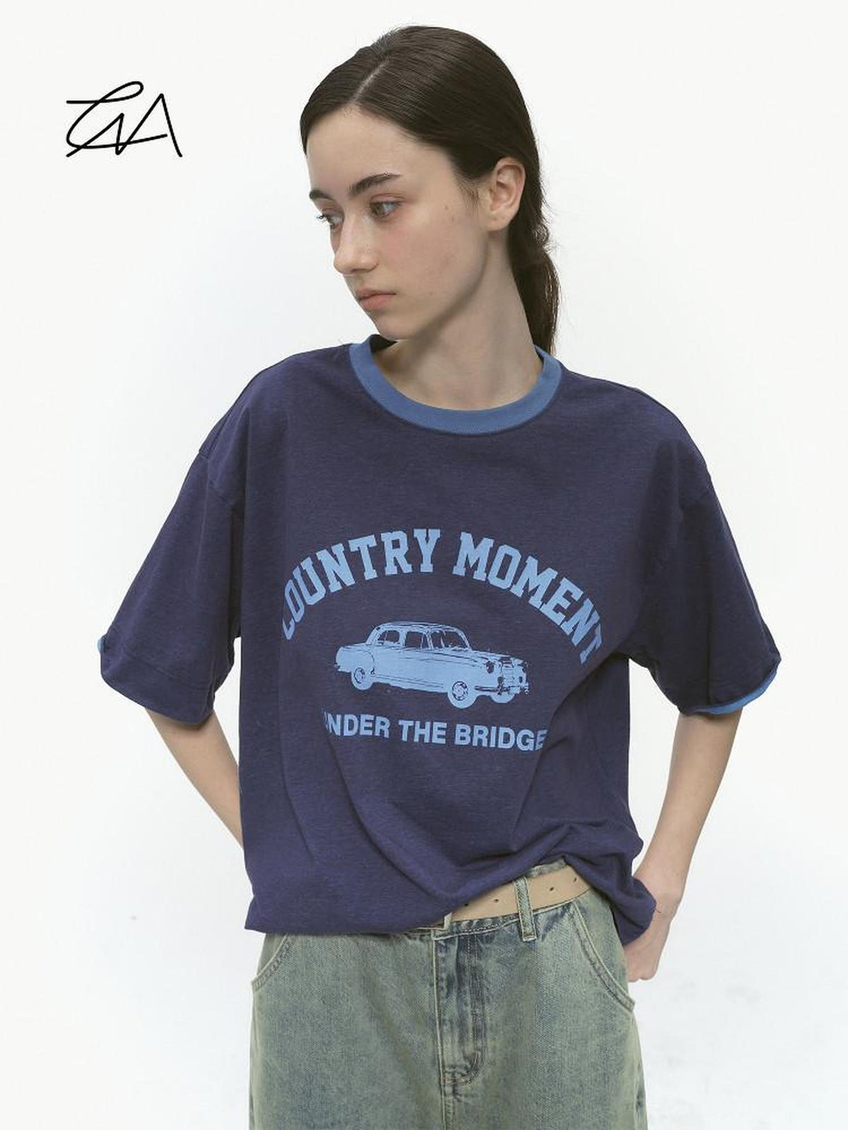 Country Moment Breathable 100% Cotton Relaxed Logo Print Unisex Navy Short Sleeve T-Shirts