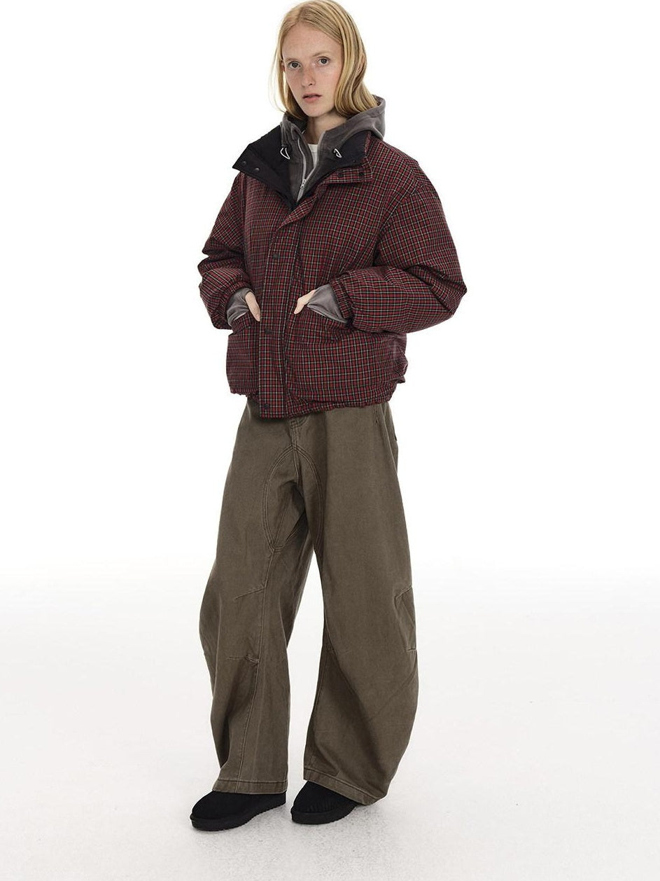 Country Moment High Fill White Duck Reversible Plaid Loose Fit Unisex Cotton Zip Down Jackets