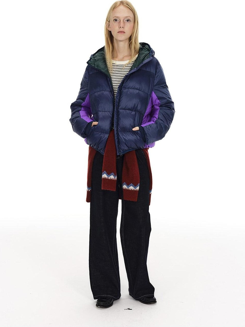 Country Moment 90 Fill White Duck Down Hooded Short Loose Navy Zipper City Commute Down Jackets