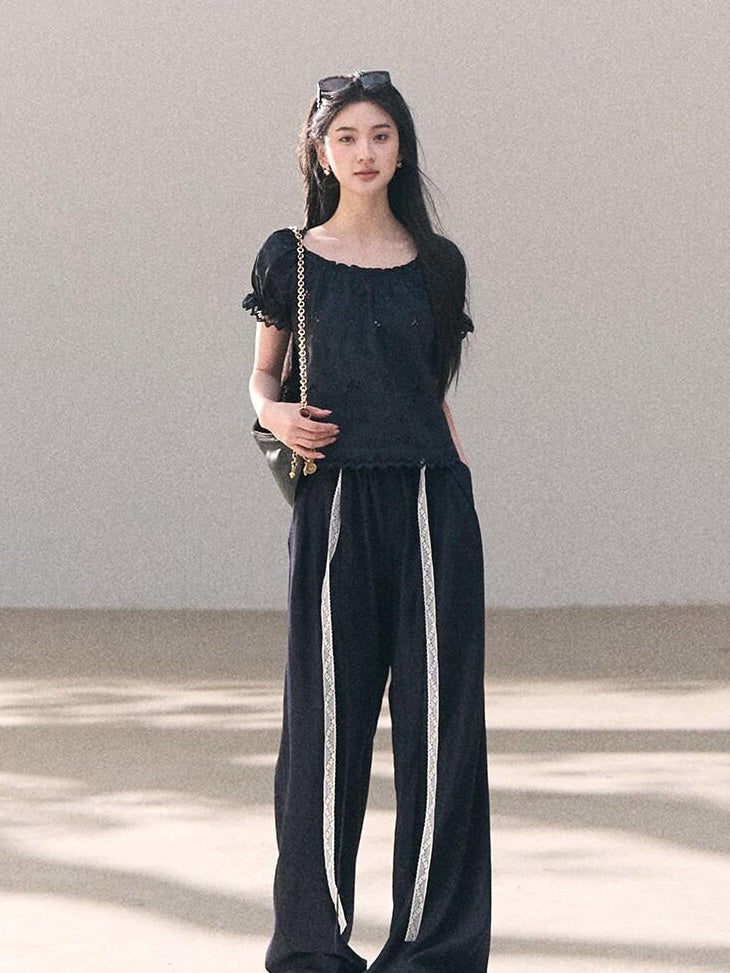 7 OAKMOO Lyocell Linen Breathable Casual Natural Waist Straight Navy White Wide Leg Pants