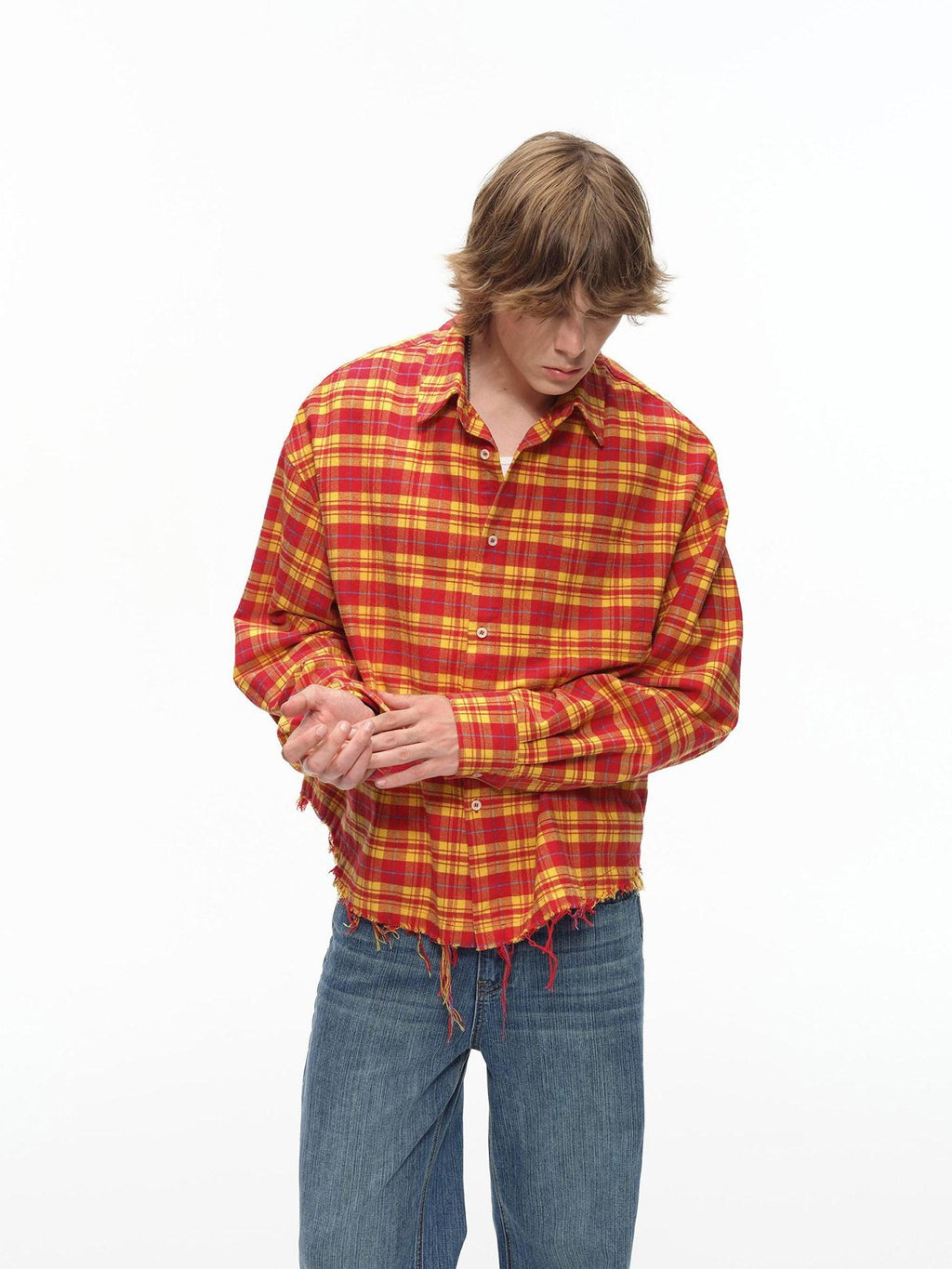 Country Moment Breathable Cotton Loose Plaid Fringe Unisex Longsleeve Button Collar Shirts