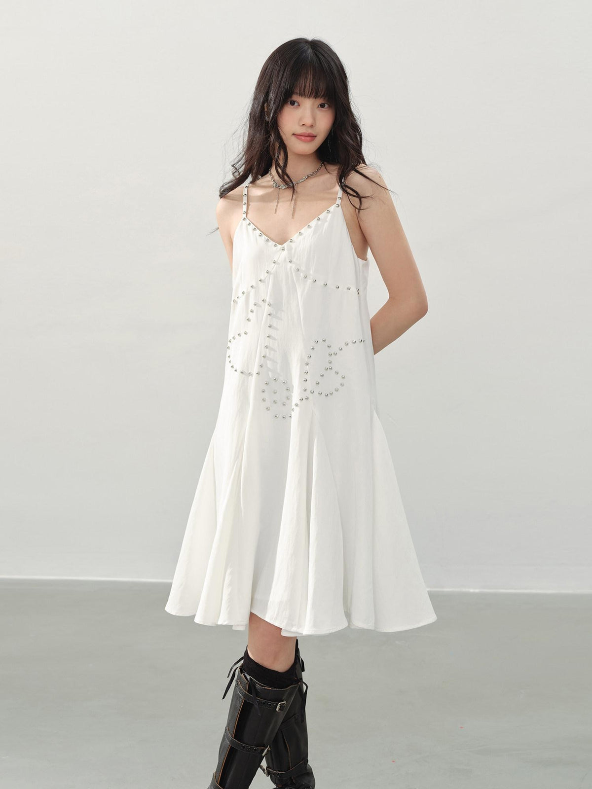 DDGIRL studio Soft Beaded Girly A Line V-neck Spaghetti Strap Cotton Wedding Midi Dresses