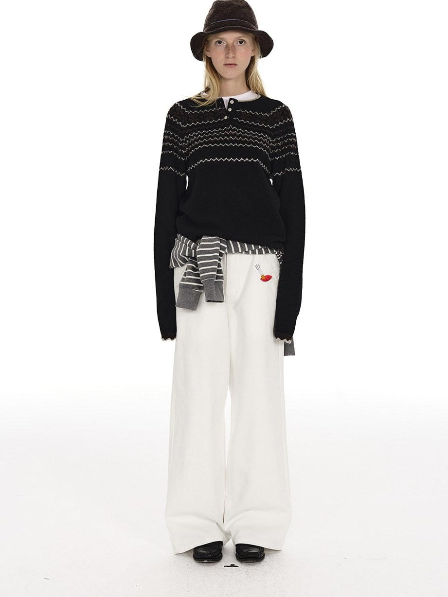 Country Moment Jacquard Henley Button Pullover Slim Fit Youth Wool Blend Striped Sweaters