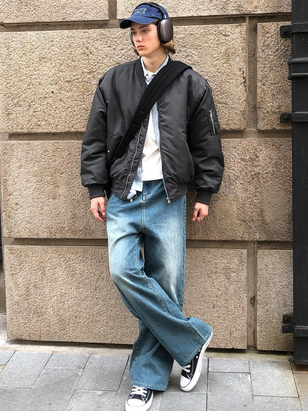 Country Moment Breathable Cotton Retro Washed Mid Rise Relaxed Mens Deep Blue Wide Leg Jeans